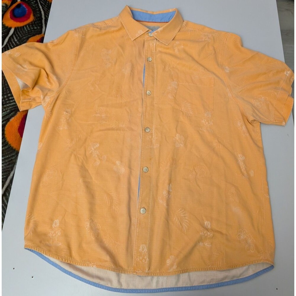 Tommy Bahama Disney Parks Mickey Mouse Silk Camp Shirt Orange Floral Jacquard XL